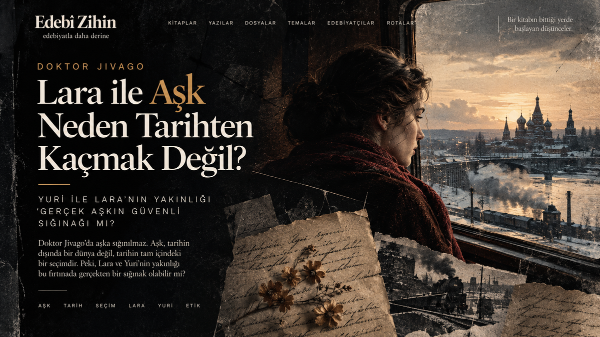 Lara’nın tren penceresinden karlı Rusya manzarasına baktığı, mektuplar ve tren imgeleriyle aşk ile tarihin çatışmasını anlatan Doktor Jivago illüstrasyonu.