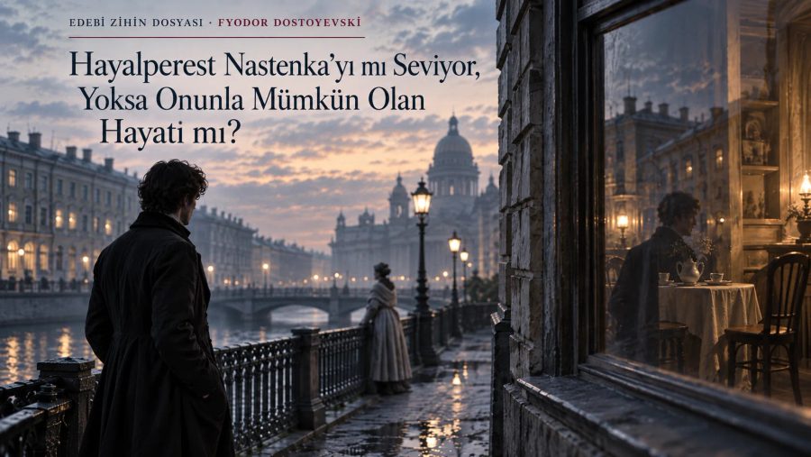 Hayalperest’in Nastenka’yı ve onunla mümkün gördüğü ortak hayatı aynı Petersburg sahnesinde seyrettiği editoryal görsel.