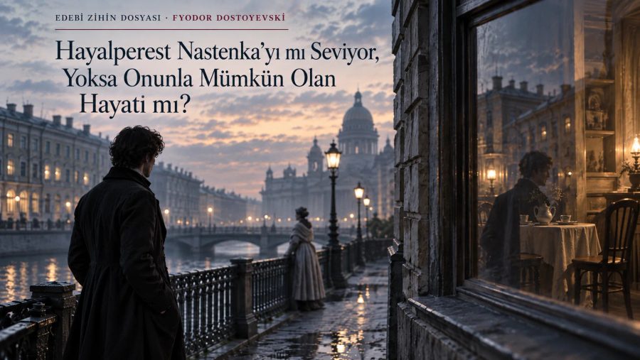 Hayalperest’in Nastenka’yı ve onunla mümkün gördüğü ortak hayatı aynı Petersburg sahnesinde seyrettiği editoryal görsel.