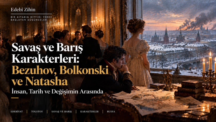 Savaş ve Barış karakterlerini temsil eden aristokrat figürler, haritalar ve savaşın gölgesindeki karlı Rusya manzarası; Bezukhov, Bolkonski ve Natasha’nın değişim, tarih ve kişisel arayışlarını simgeleyen Edebî Zihin illüstrasyonu.