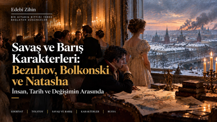 Savaş ve Barış karakterlerini temsil eden aristokrat figürler, haritalar ve savaşın gölgesindeki karlı Rusya manzarası; Bezukhov, Bolkonski ve Natasha’nın değişim, tarih ve kişisel arayışlarını simgeleyen Edebî Zihin illüstrasyonu.