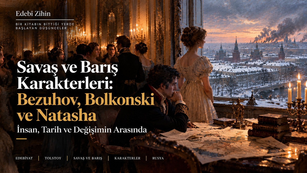 Savaş ve Barış karakterlerini temsil eden aristokrat figürler, haritalar ve savaşın gölgesindeki karlı Rusya manzarası; Bezukhov, Bolkonski ve Natasha’nın değişim, tarih ve kişisel arayışlarını simgeleyen Edebî Zihin illüstrasyonu.