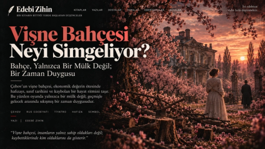 Vişne Bahçesi Neyi Simgeliyor? — hafıza, sınıf, mülkiyet ve zaman duygusunu anlatan Edebî Zihin tipografik hero görseli