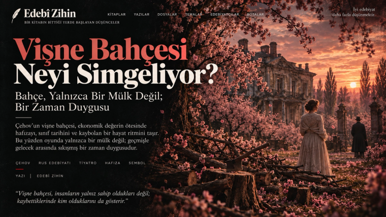Vişne Bahçesi Neyi Simgeliyor? — hafıza, sınıf, mülkiyet ve zaman duygusunu anlatan Edebî Zihin tipografik hero görseli