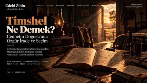 Karanlık bir çalışma odasında açık İbranice metin, Steinbeck kitapları ve gün batımı ışığıyla Timshel, özgür irade ve seçim kavramlarını anlatan editoryal görsel