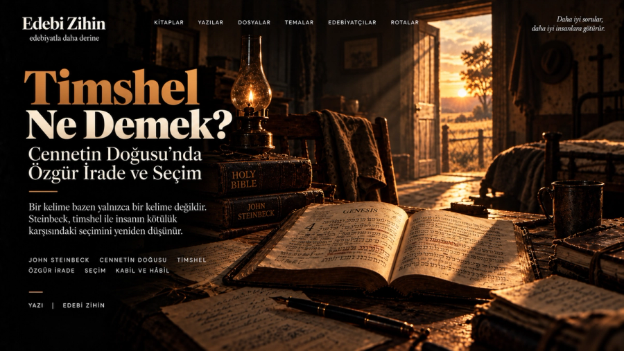Karanlık bir çalışma odasında açık İbranice metin, Steinbeck kitapları ve gün batımı ışığıyla Timshel, özgür irade ve seçim kavramlarını anlatan editoryal görsel