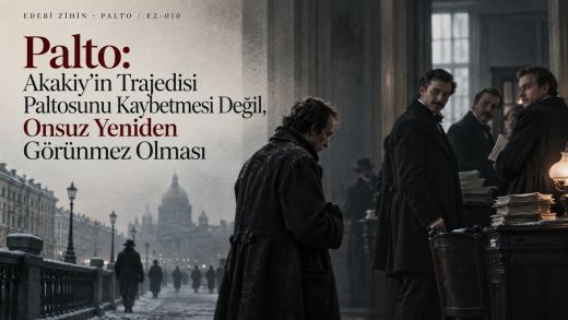 Akakiy Akakiyeviç’in karlı Petersburg ile devlet dairesi arasında, yeni paltosuyla ilk kez görünür hâle geldiği Palto editoryal kapağı.