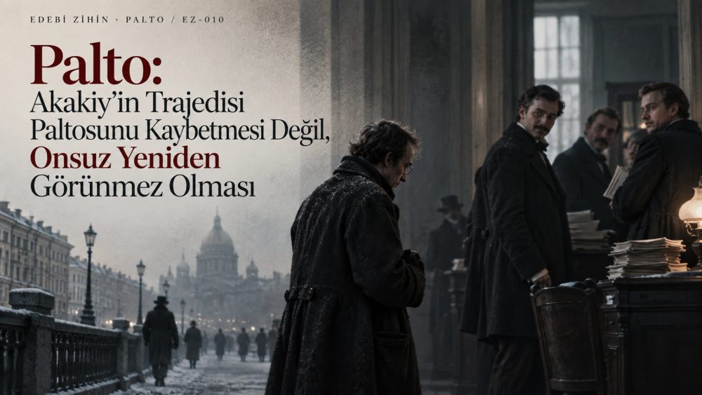 Akakiy Akakiyeviç’in karlı Petersburg ile devlet dairesi arasında, yeni paltosuyla ilk kez görünür hâle geldiği Palto editoryal kapağı.
