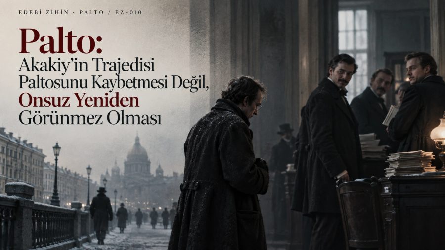 Akakiy Akakiyeviç’in karlı Petersburg ile devlet dairesi arasında, yeni paltosuyla ilk kez görünür hâle geldiği Palto editoryal kapağı.