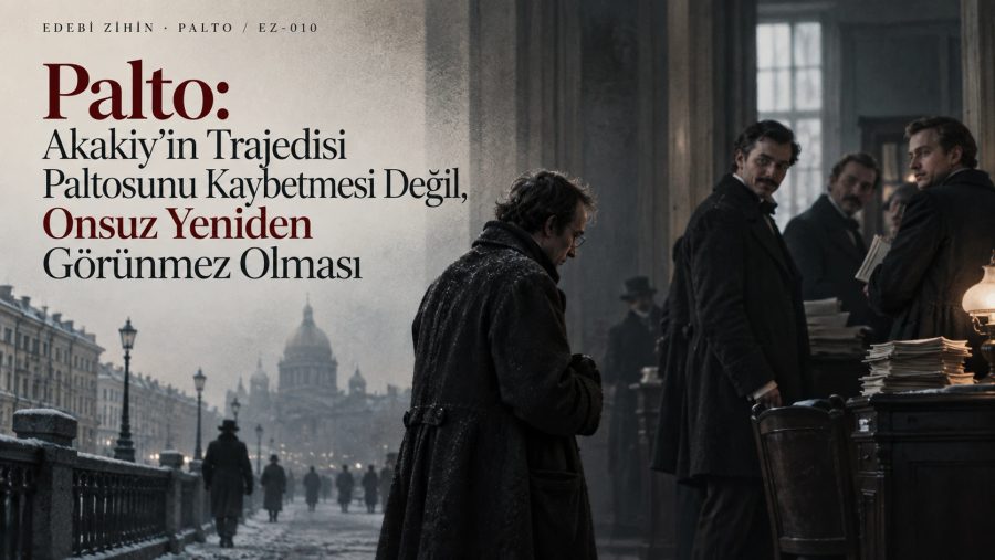 Akakiy Akakiyeviç’in karlı Petersburg ile devlet dairesi arasında, yeni paltosuyla ilk kez görünür hâle geldiği Palto editoryal kapağı.