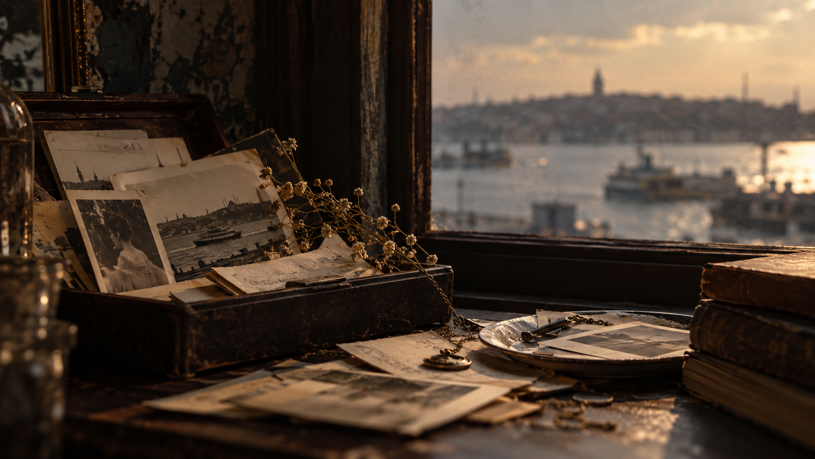 Hafıza temasını temsil eden, eski fotoğraflar, yarı silinmiş notlar ve geçmişle bugün arasındaki kırılgan ilişkiyi çağrıştıran Edebî Zihin editoryal görseli.