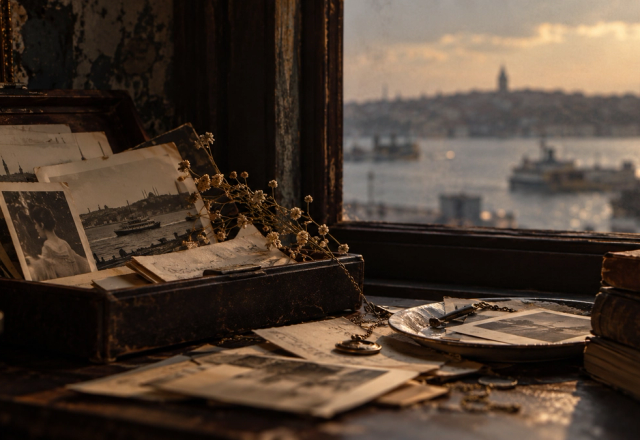 Hafıza temasını temsil eden, eski fotoğraflar, yarı silinmiş notlar ve geçmişle bugün arasındaki kırılgan ilişkiyi çağrıştıran Edebî Zihin editoryal görseli.