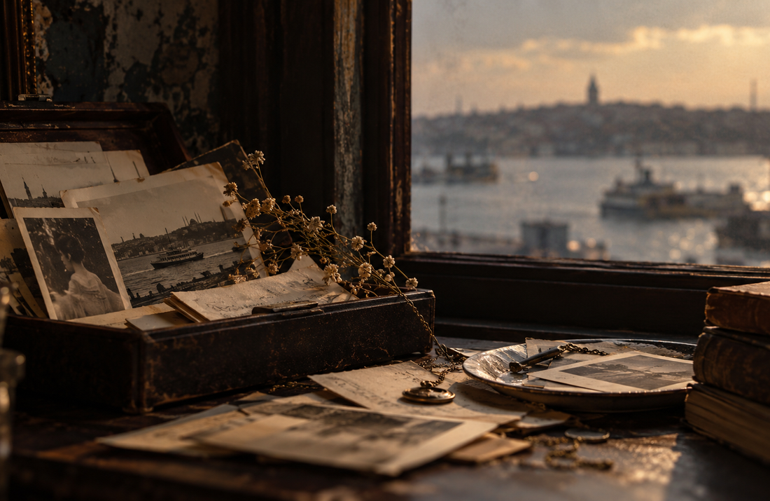 Hafıza temasını temsil eden, eski fotoğraflar, yarı silinmiş notlar ve geçmişle bugün arasındaki kırılgan ilişkiyi çağrıştıran Edebî Zihin editoryal görseli.