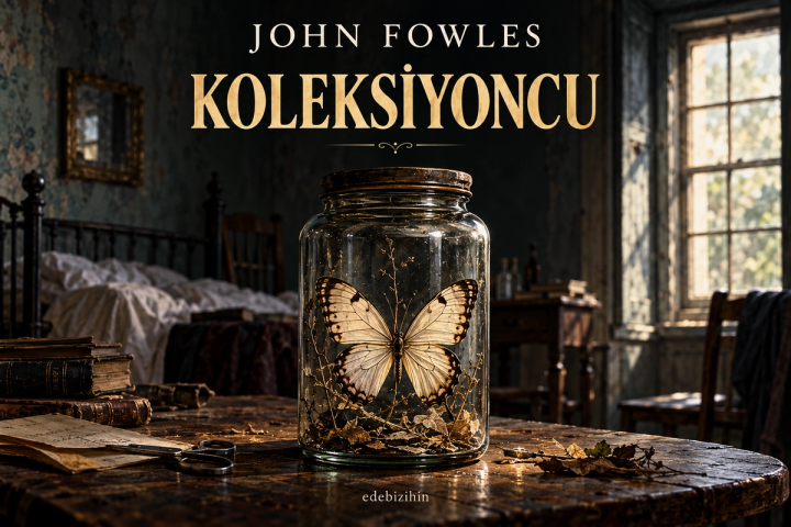 John Fowles'ın Koleksiyoncu romanı için kelebekli cam kavanozu gösteren özgün Edebizihin illüstrasyonu