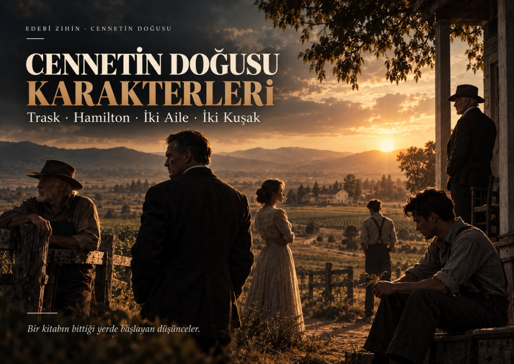 Salinas Vadisi’nde farklı kuşaklardan karakter figürleriyle Trask ve Hamilton ailelerini, kuşaklar arası ilişkileri ve Cennetin Doğusu’nun karakter ağını anlatan editoryal hero görseli