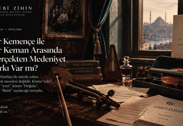 Fatih-Harbiye’de müzik ve medeniyet tartışmasını simgeleyen kemençe, keman, nota kâğıtları ve Dârülelhan belgelerinin yer aldığı Edebi Zihin hero görseli.