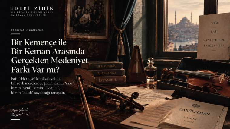 Fatih-Harbiye’de müzik ve medeniyet tartışmasını simgeleyen kemençe, keman, nota kâğıtları ve Dârülelhan belgelerinin yer aldığı Edebi Zihin hero görseli.