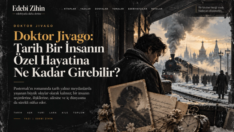 Doktor Jivago’da tarih ile özel hayat arasındaki çatışmayı simgeleyen, karlı Rus tren istasyonunda Yuri’yi temsil eden bir erkek figürü, buharlı tren, eski mektuplar, kadın portresi ve cep saatinin yer aldığı Edebî Zihin illüstrasyonu.