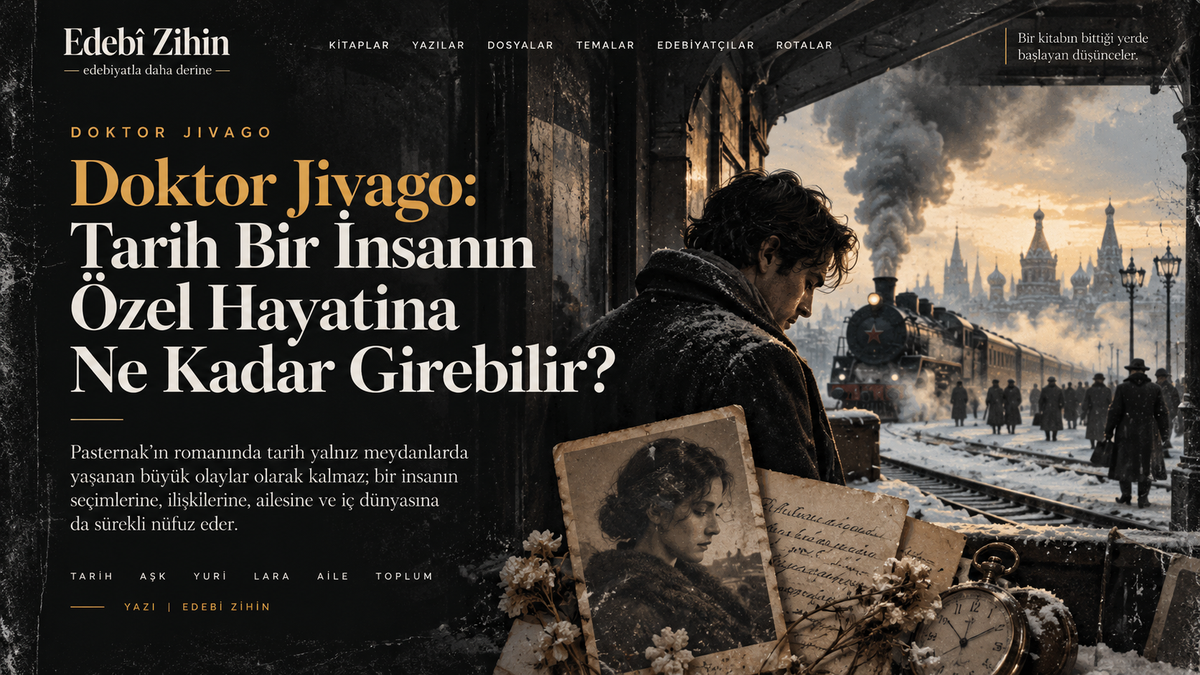 Doktor Jivago’da tarih ile özel hayat arasındaki çatışmayı simgeleyen, karlı Rus tren istasyonunda Yuri’yi temsil eden bir erkek figürü, buharlı tren, eski mektuplar, kadın portresi ve cep saatinin yer aldığı Edebî Zihin illüstrasyonu.