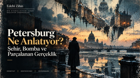 Petersburg’un kışlık şehir manzarası önünde duran yalnız bir figür ve gökyüzünde parçalanmış kent görüntüsü; romanın şehir, bomba ve parçalanan gerçeklik temasını simgeleyen Edebî Zihin illüstrasyonu.