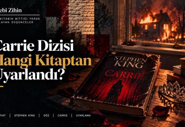 Stephen King’in Carrie romanını simgeleyen bir kitabın, taç ve karanlık bir Amerikan kasabası atmosferiyle birlikte tasvir edildiği Edebî Zihin uyarlama illüstrasyonu.