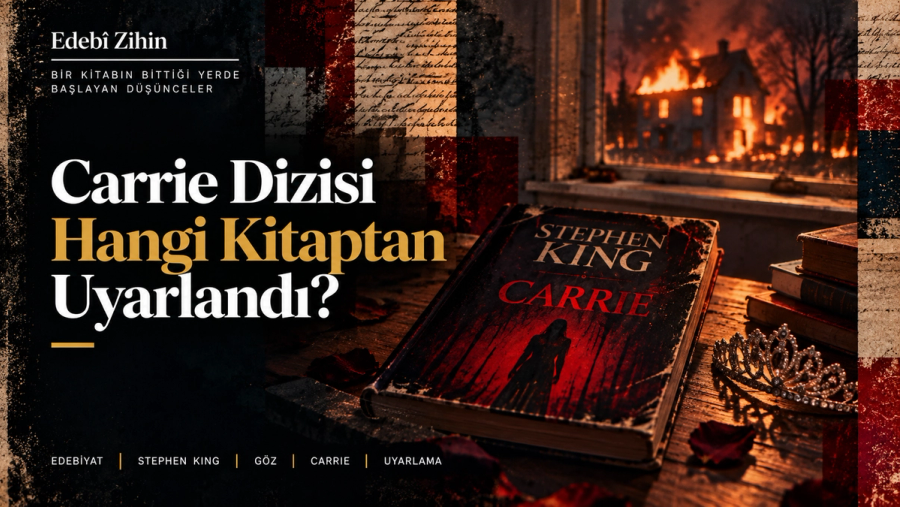 Stephen King’in Carrie romanını simgeleyen bir kitabın, taç ve karanlık bir Amerikan kasabası atmosferiyle birlikte tasvir edildiği Edebî Zihin uyarlama illüstrasyonu.