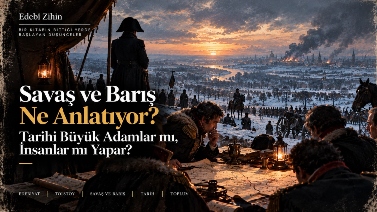 Karlı savaş alanını ve yanan şehri izleyen askerî komutanlar, haritalar ve cephede ilerleyen birlikler; Savaş ve Barış’ın tarihi tek tek büyük liderlerden çok insanların, toplumun ve sayısız küçük kararın toplamı olarak ele alışını simgeleyen Edebî Zihin illüstrasyonu.