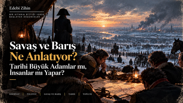 Karlı savaş alanını ve yanan şehri izleyen askerî komutanlar, haritalar ve cephede ilerleyen birlikler; Savaş ve Barış’ın tarihi tek tek büyük liderlerden çok insanların, toplumun ve sayısız küçük kararın toplamı olarak ele alışını simgeleyen Edebî Zihin illüstrasyonu.