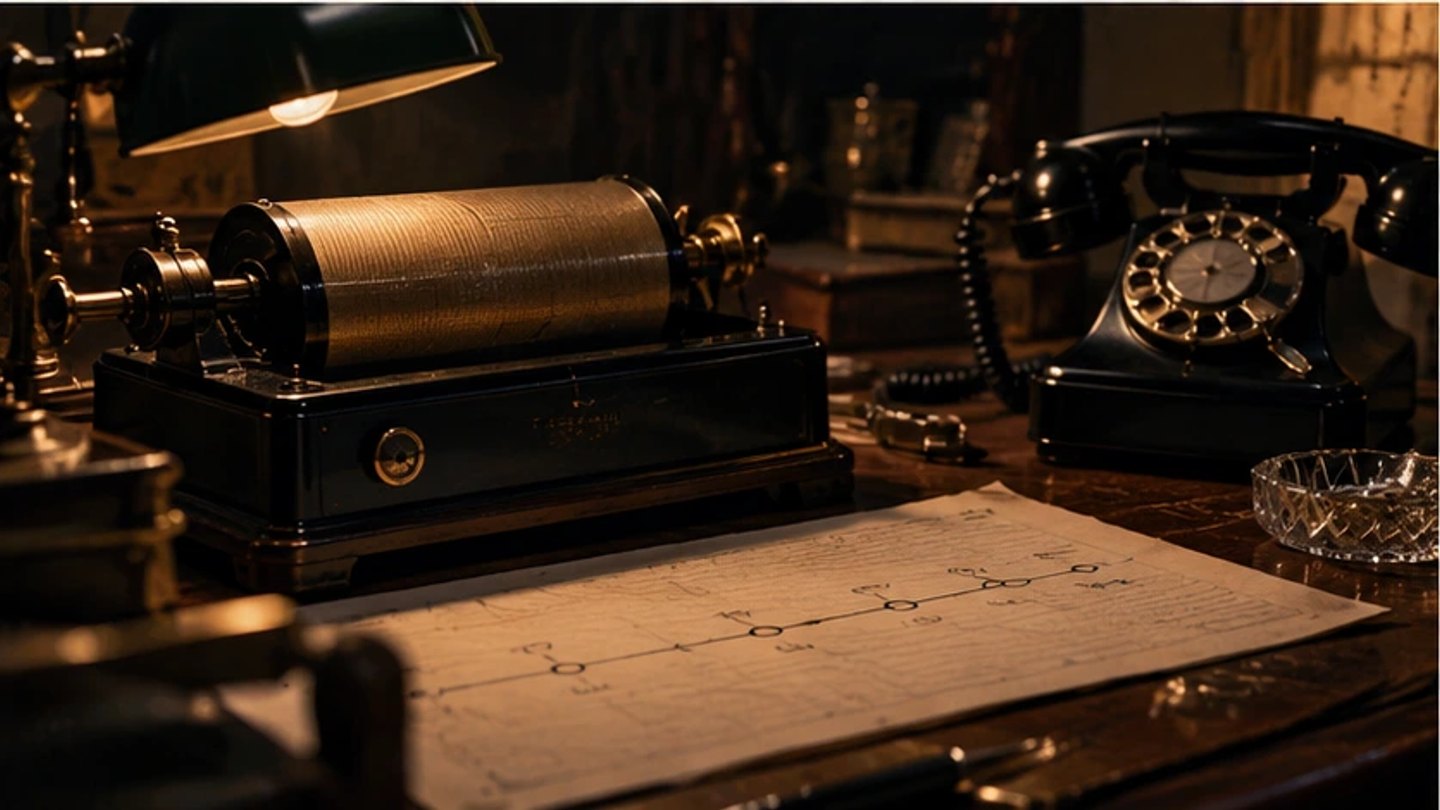 1920'lerden diktafon, siyah telefon ve olay zaman çizelgesi; final çözümlemesi temsili