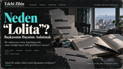 Açık kitap, dolma kalem ve üzeri siyah çizgilerle kapatılmış sayfaların yer aldığı kolaj. Arka planda boş sandalye ve Tahran manzaralı pencere, solda “Neden ‘Lolita’?” başlığı bulunuyor.