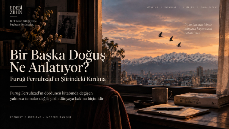 Bir Başka Doğuş üzerine hazırlanmış, gün batımında pencere önündeki çalışma masasını ve şehir manzarasını gösteren sinematik editoryal illüstrasyon.