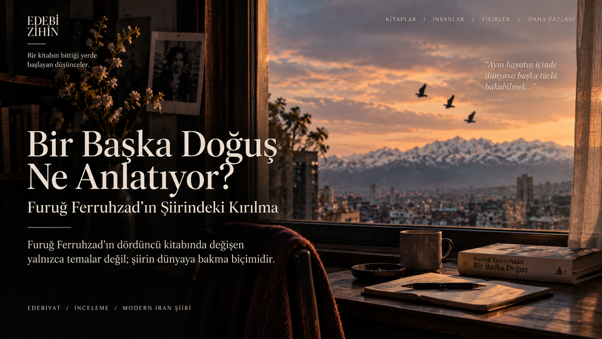 Bir Başka Doğuş üzerine hazırlanmış, gün batımında pencere önündeki çalışma masasını ve şehir manzarasını gösteren sinematik editoryal illüstrasyon.