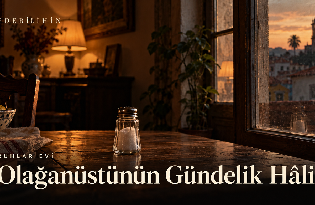 Ahşap masadaki cam tuzluk ve Olağanüstünün Gündelik Hâli başlığı.