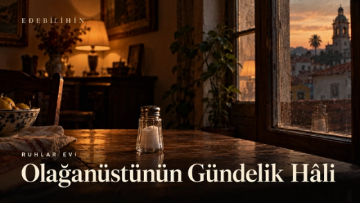 Ahşap masadaki cam tuzluk ve Olağanüstünün Gündelik Hâli başlığı.