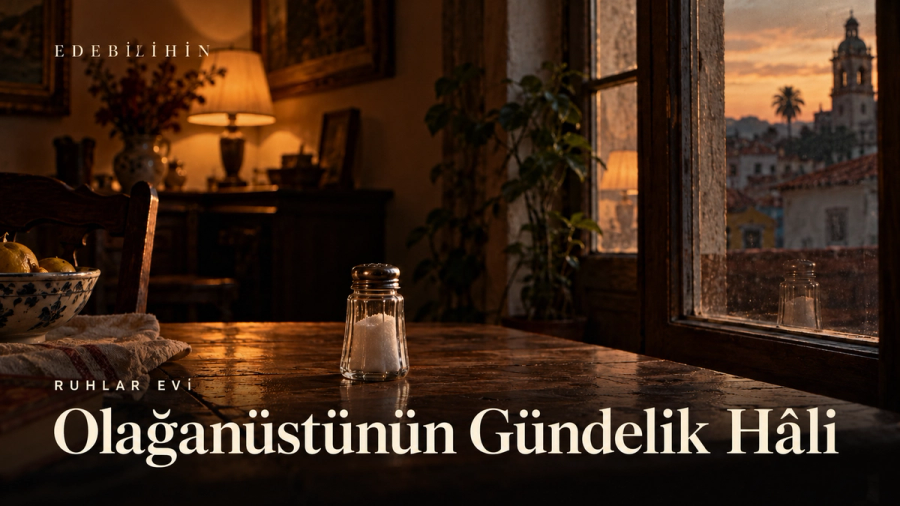 Ahşap masadaki cam tuzluk ve Olağanüstünün Gündelik Hâli başlığı.