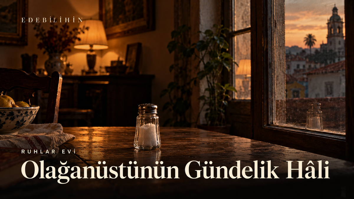 Ahşap masadaki cam tuzluk ve Olağanüstünün Gündelik Hâli başlığı.