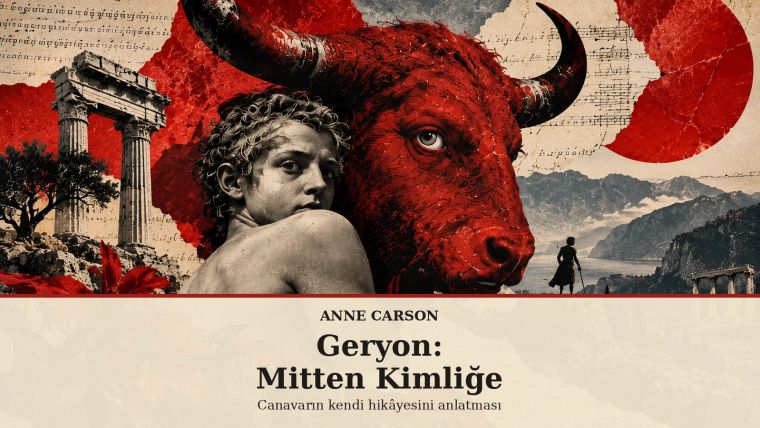 Geryon’un kimliğini ve mitolojik geçmişini simgeleyen kırmızı boğa, genç figür ve antik kalıntılar kolajı