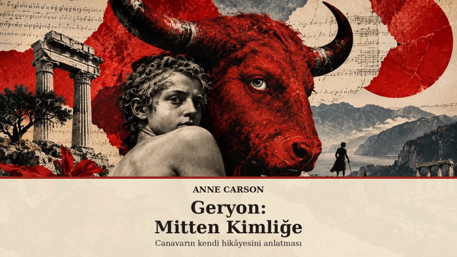 Geryon’un kimliğini ve mitolojik geçmişini simgeleyen kırmızı boğa, genç figür ve antik kalıntılar kolajı