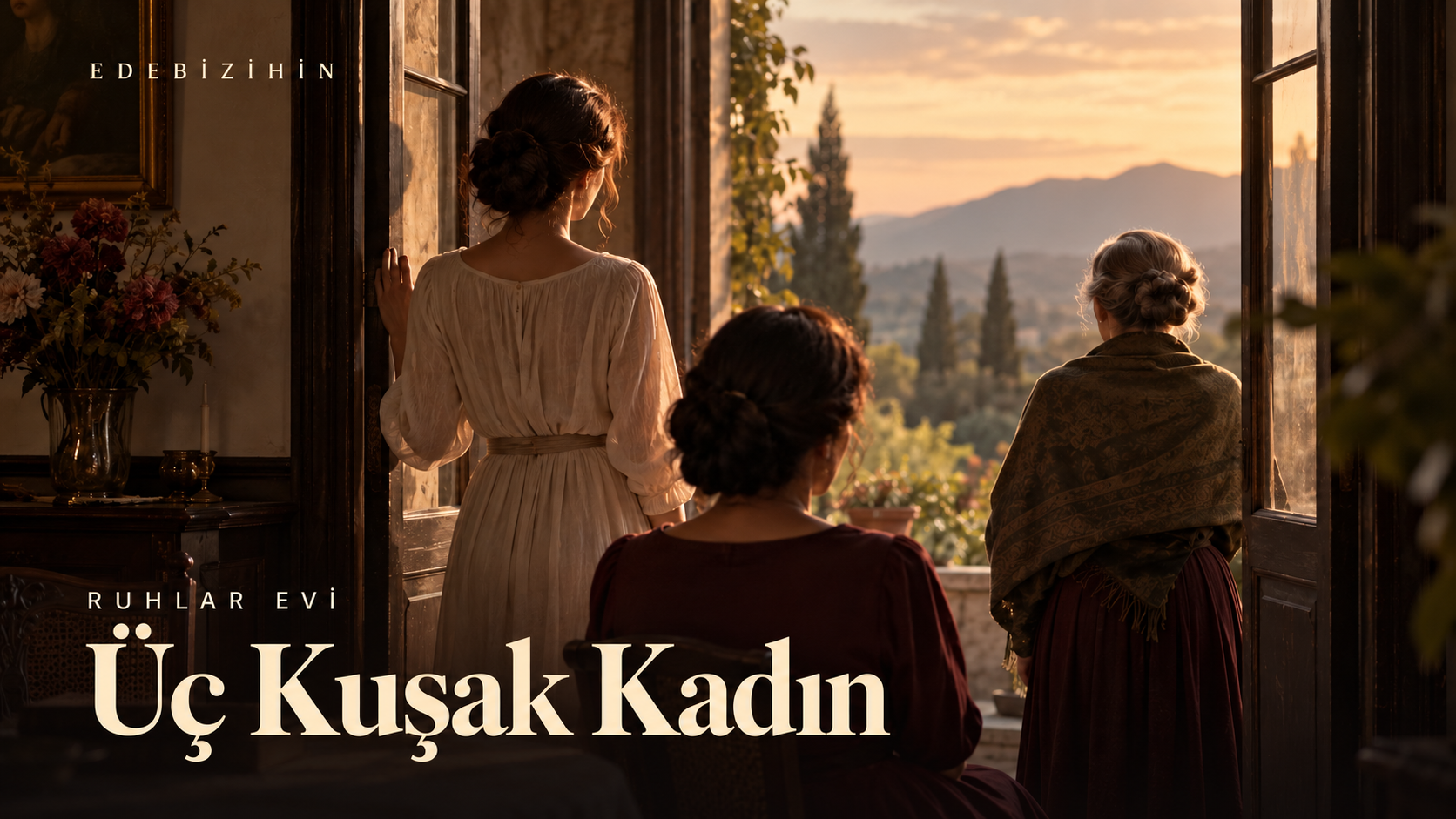 Pencere önündeki üç kadın ve Üç Kuşak Kadın başlığı.