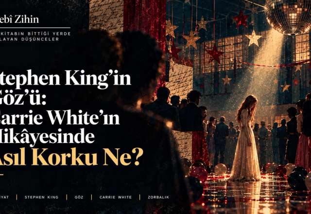 Stephen King’in Göz romanı için hazırlanan Edebî Zihin görselinde, lise balosunda kalabalığın ortasında tek başına duran Carrie White.
