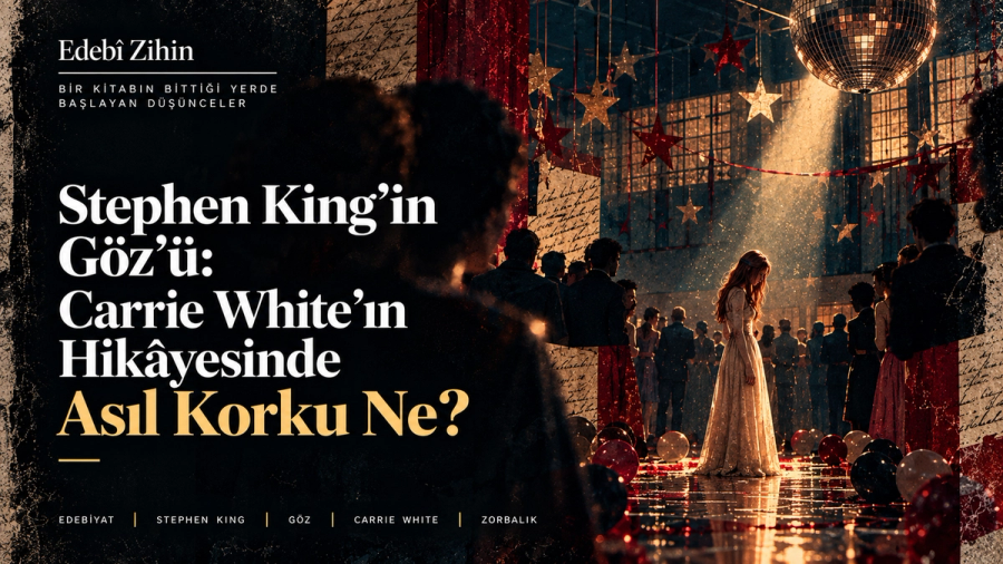 Stephen King’in Göz romanı için hazırlanan Edebî Zihin görselinde, lise balosunda kalabalığın ortasında tek başına duran Carrie White.