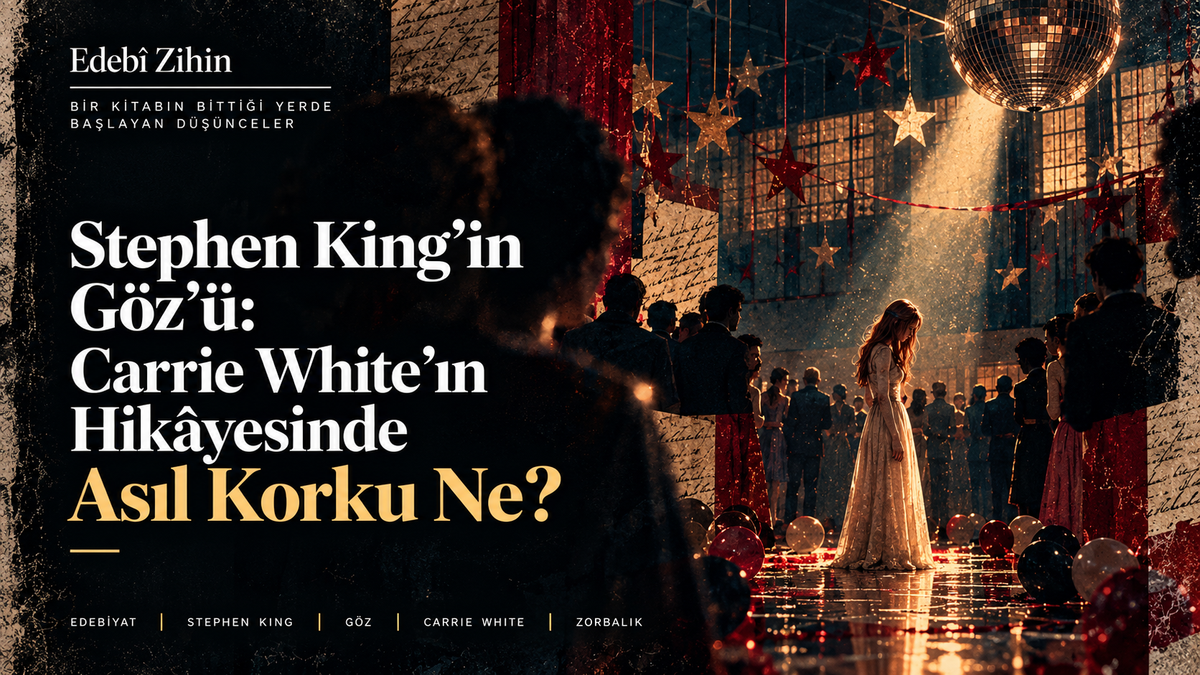 Stephen King’in Göz romanı için hazırlanan Edebî Zihin görselinde, lise balosunda kalabalığın ortasında tek başına duran Carrie White.