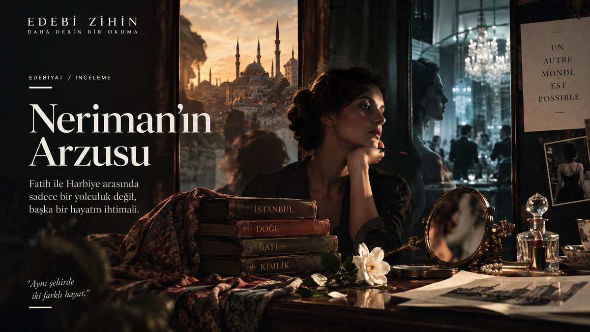 Neriman’ın Fatih ile Harbiye arasında kurduğu başka bir hayat arzusunu; aynalar, kitaplar, parfüm, kumaş ve iki farklı İstanbul atmosferi üzerinden anlatan Edebi Zihin hero görseli.