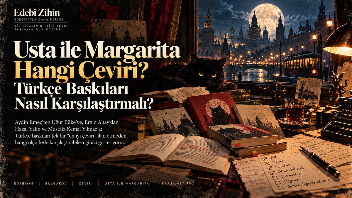 Gece Moskova manzarası önünde farklı Türkçe baskıları temsil eden kitaplar, açık metinler, notlar ve karşılaştırma ölçütleriyle; Usta ile Margarita çevirilerini dil, üslup, sadakat ve okunabilirlik açısından değerlendirmeyi anlatan Edebî Zihin illüstrasyonu.