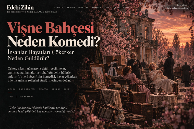 Vişne Bahçesi Neden Komedi? — hayat çökerken süren gündelik komediyi anlatan Edebî Zihin tipografik hero görseli