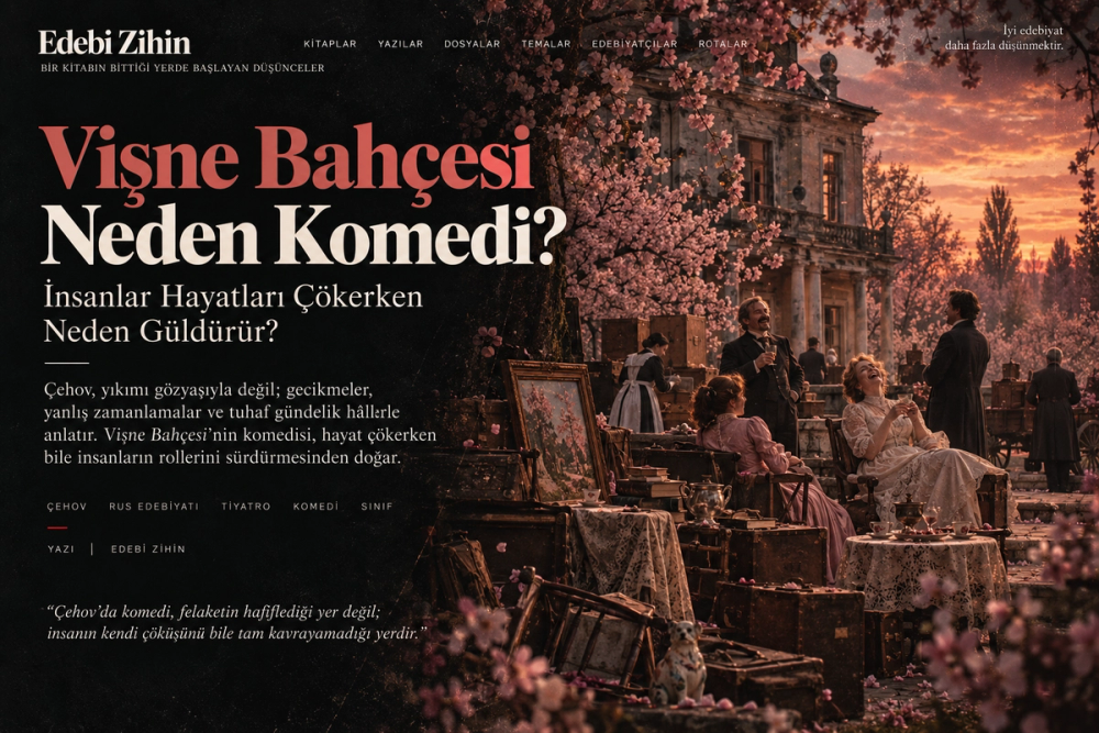 Vişne Bahçesi Neden Komedi? — hayat çökerken süren gündelik komediyi anlatan Edebî Zihin tipografik hero görseli