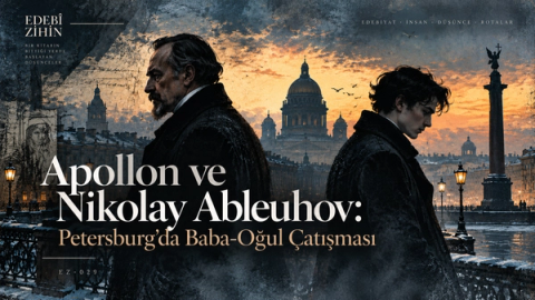 Apollon ve Nikolay Ableuhov, kışlık Petersburg manzarası önünde sırt sırta; baba-oğul çatışmasını ve kuşaklar arası kopuşu simgeleyen Edebî Zihin illüstrasyonu.