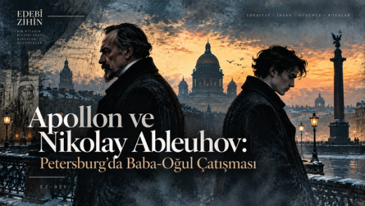 Apollon ve Nikolay Ableuhov, kışlık Petersburg manzarası önünde sırt sırta; baba-oğul çatışmasını ve kuşaklar arası kopuşu simgeleyen Edebî Zihin illüstrasyonu.