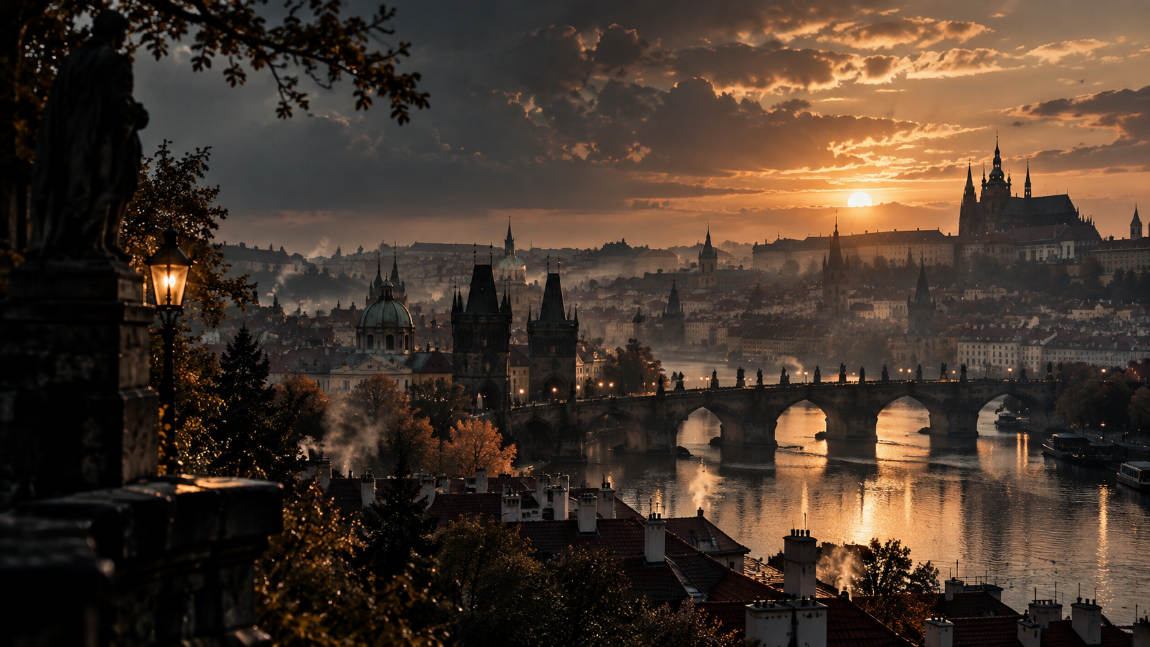 Gün batımında Vltava Nehri, Karl Köprüsü ve Prag’ın tarihî silüeti