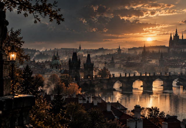 Gün batımında Vltava Nehri, Karl Köprüsü ve Prag’ın tarihî silüeti